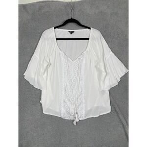 Unique Spectrum Peasant Blouse Womens XL White Lace Tassel Boho Resort Sheer